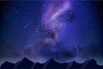Vector background with realistic night landscape. Night sky with milky way 