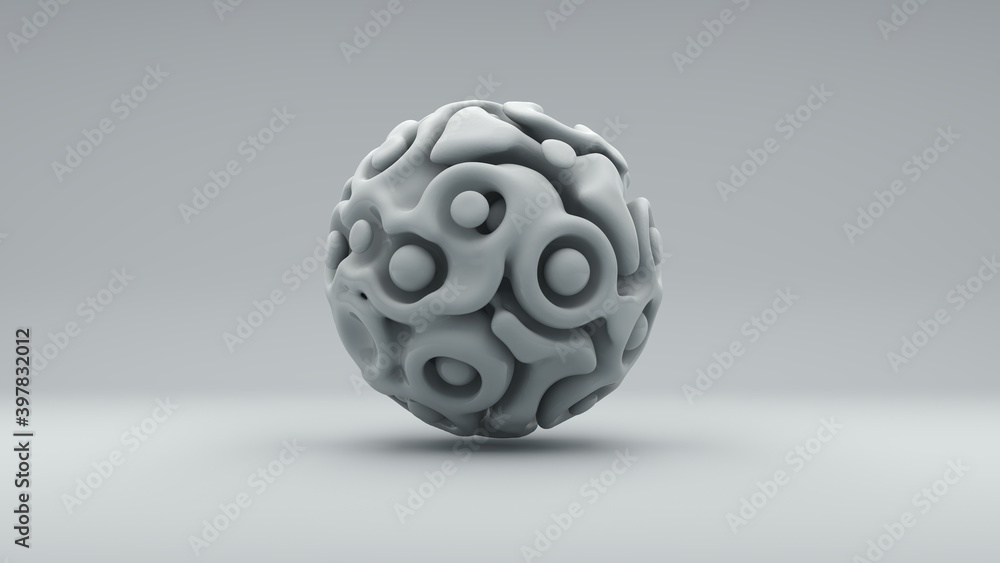 Poster 3d rendering of a metamorphosed sphere, an amorphous sphere with convolutions and flexible waves. wr