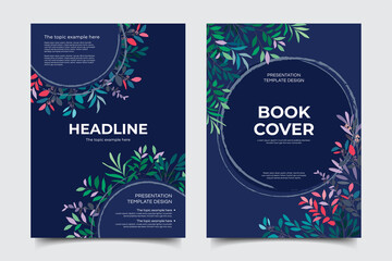 Set of abstract leaves vector modern background. Minimal trendy style organic shapes with blue background. Brochure, cover template, leaflet, magazine