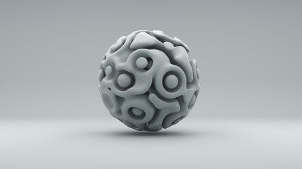 3D rendering of a metamorphosed sphere, an amorphous sphere with convolutions and flexible waves. Wrinkled surface, flexible outline, smooth shape. A futuristic, fantastic item.