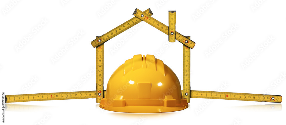 Poster wooden yellow folding ruler in the shape of house and a work helmet isolated on white background wit