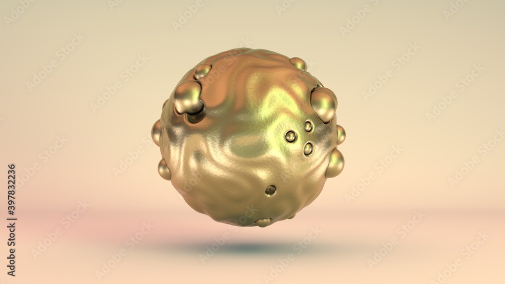 Poster 3d rendering of a golden abstract sphere with waves on the surface and a lot of small balls squeezin