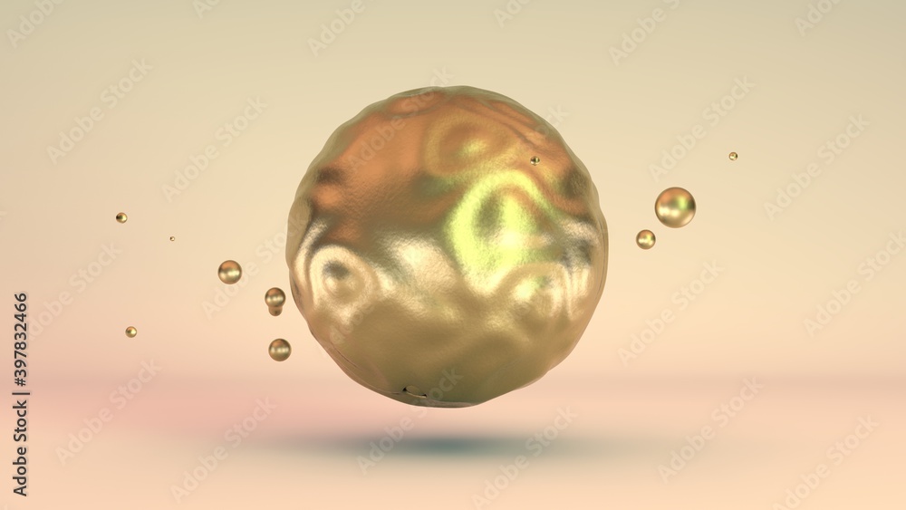 Poster 3d rendering of a golden abstract sphere with waves on the surface and many small satellite balls ar