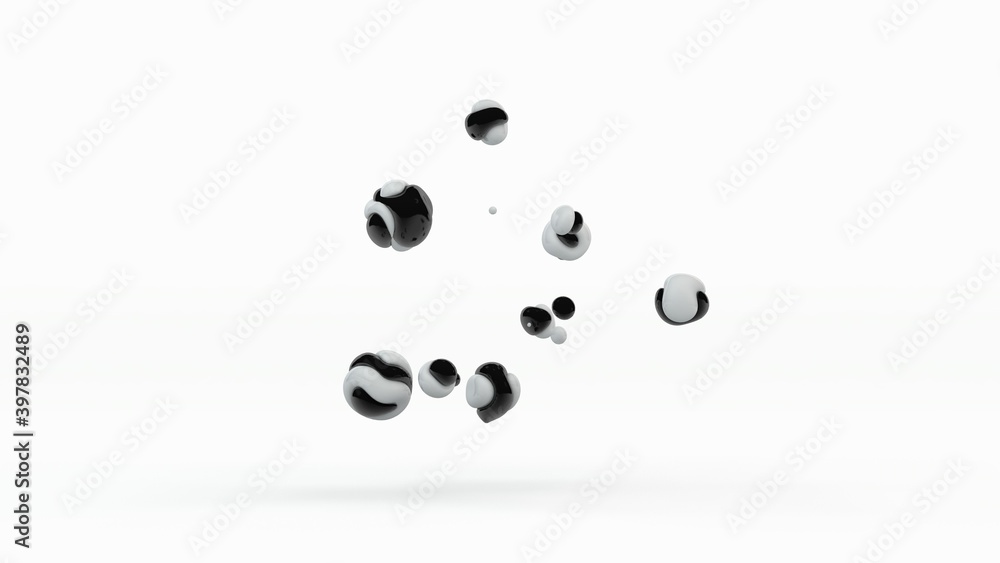 Poster 3d rendering of abstract black-and-white liquid drops randomly located in space. a symbol of interac