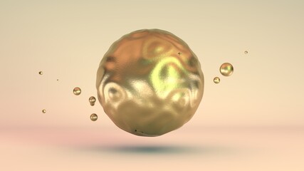 3D rendering of a Golden abstract sphere with waves on the surface and many small satellite balls around the sphere. Elegant abstract idea of wealth and prosperity. Image for screensavers.