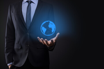 Businessman man hand holding Earth icon , digital globe