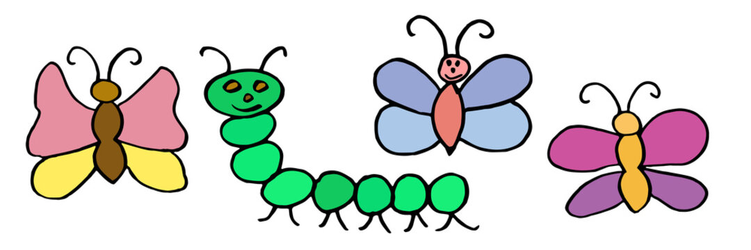 Kid’s drawing. Color butterflies and caterpillar hand drawn. Vector illustration.