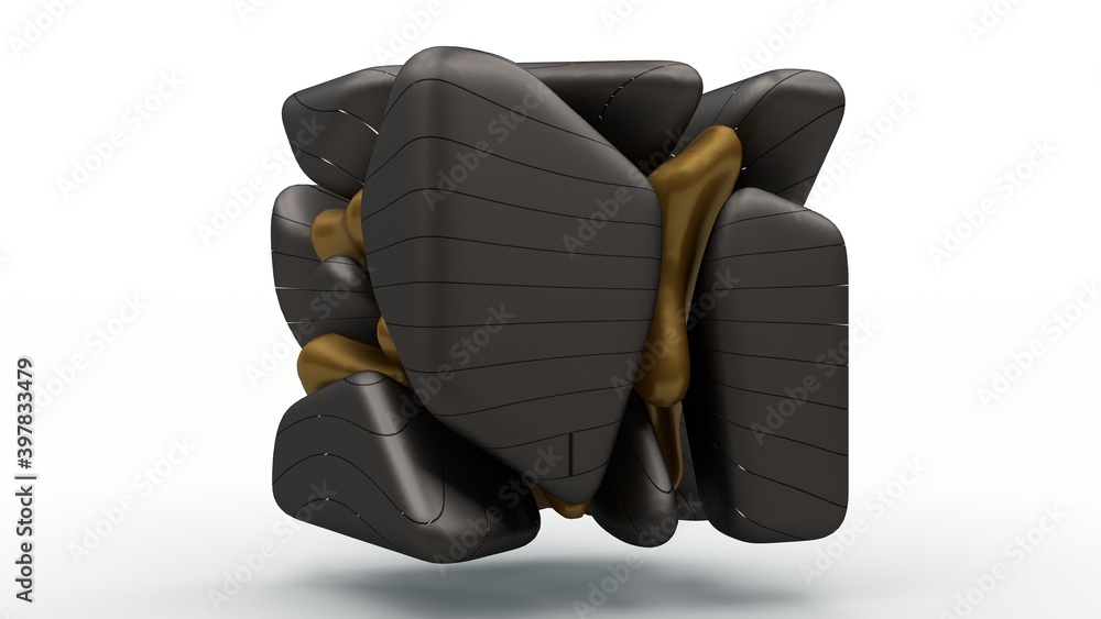 Poster 3d rendering of metallic smooth shapes, gold, iron and silver form a cubic object with smooth outlin
