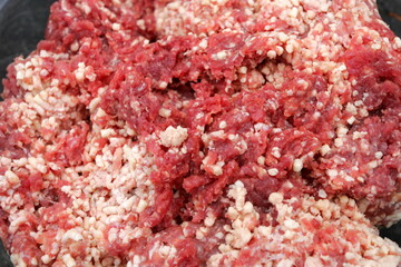 Minced meat close-up, Minced meat mix with fat for homemade sausage, Minced meat background