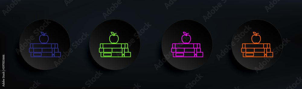 Poster a stack of books with an apple dark badge color set. simple thin line, outline vector of education i