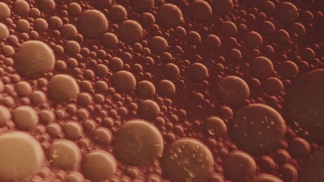 Macro shot of a structure of bubbles floating in an viscous liquid. Bubbles getting pushed around. Pulsating light in the background of the bubbles. Light changing look of scene.