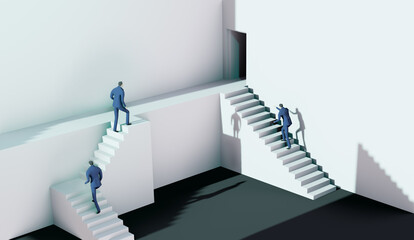 3D render illustration, Business people running on stairs towards success in abstract environment represents solving the problems, finding the right way, advisory, competition and achievement 