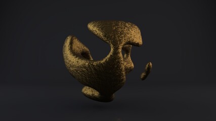3D rendering of smooth shapes on a black background with reflections. Smooth curves of drops of bronze and gold form a futuristic sphere. 3D technologies, art of forms. Liquid metal in zero gravity.