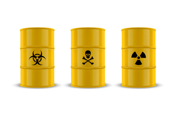 Vector 3d Realistic Yellow Simple Glossy Enamel Metal Oil, Fuel, Gasoline Barrels. Biohazard, Danger, Radiation Sign Isolated on White Background. Design Template of Packaging for Mockup. Front View