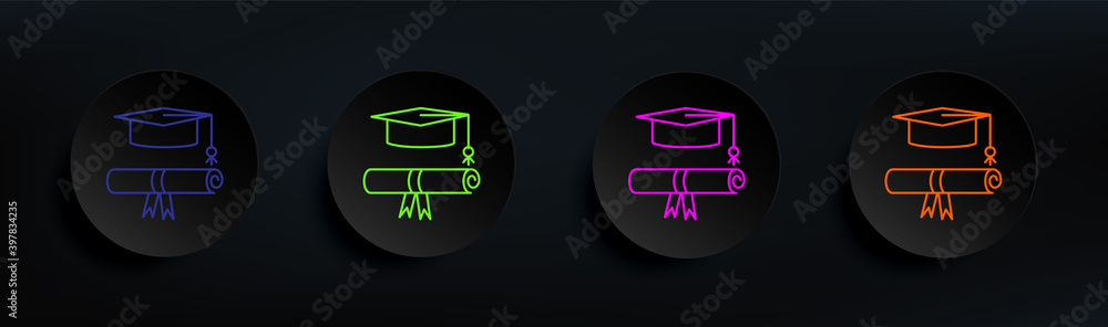 Poster certificate and graduate cap dark badge color set. simple thin line, outline vector of education ico