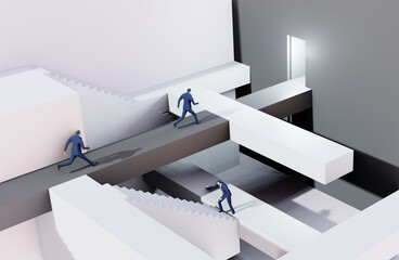 3D render illustration, Business people running on stairs towards success in abstract environment represents solving the problems, finding the right way, advisory, competition and achievement 