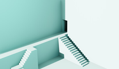 3D render illustration of abstract space with door and  staircase with podium, stand, corridor, geometric objects. 