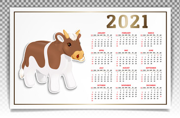 Calendar for 2021. According to the Chinese calendar, the year of the Ox. Christmas character sticker, cute red bull with a nose ring. Horizontal banner on a white background. Vector illustration.