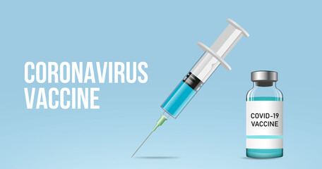 Coronavirus vaccine banner with syringe and ampoule. 3 d syringe with ampoule