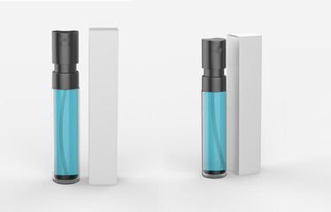 Perfume atomizers template realistic spray case for fragrance. Open packaging isolated on white background. 3d illustration