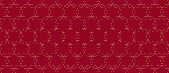 Golden line pattern. Subtle seamless background with thin linear hexagonal grid, mesh, lattice, stars, diamonds. Stylish minimal red and gold ornament texture. Abstract premium luxury design template