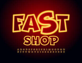 Vector business sign Fast Sop. Playful electric Font. Neon funny Alphabet Letters and Numbers set