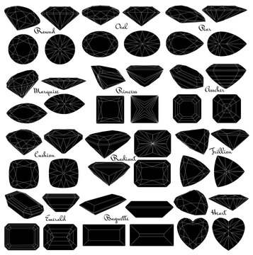 Cutting gems stones. Types of diamond cut black. Four sides of jewelry with facets for background, carving and coloring.