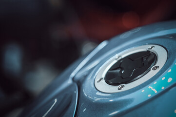 Motorcycle bigbike fuel tank lid. Selective focus