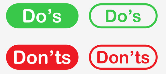 Do's and don'ts. Yes and no symbol. Correct and incorrect icon. Do and don't sign. True and false. Positive and negative. Accept and reject. Green and red vector. EPS 10.