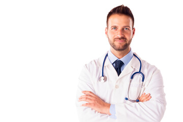 Studio shot of smiling male doctor standing at isolated white background