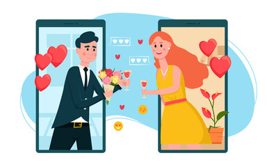 Online Dating. Couple in love using smartphone for virtual relations and communication. Quarantine date. Valentines Day new normal celebration. Vector cartoon illustration.