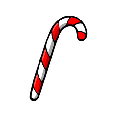 Christmas striped candy cane in hand drawn doodle style. Vector illustration isolated on white background for sticker, greeting card, invitation etc. New year, winter holiday symbol.