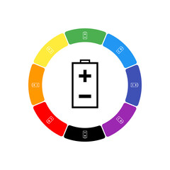 A large black battery symbol in the center, surrounded by eight white symbols on a colored background. Background of seven rainbow colors and black. Vector illustration on white background