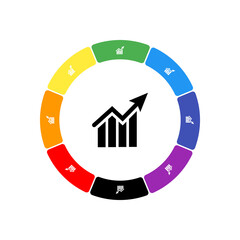 A large black chart up symbol in the center, surrounded by eight white symbols on a colored background. Background of seven rainbow colors and black. Vector illustration on white background