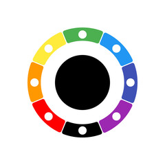 A large black circle in the center, surrounded by eight white symbols on a colored background. Background of seven rainbow colors and black. Vector illustration on white background
