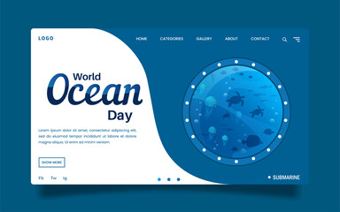 World Ocean Day Landing Page, with the theme of an underwater view that shows a variety of fish, a crowd of turtles and jellyfish, with a view from the submarine window