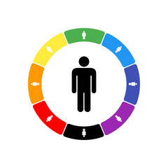 A large black man symbol in the center, surrounded by eight white symbols on a colored background. Background of seven rainbow colors and black. Vector illustration on white background