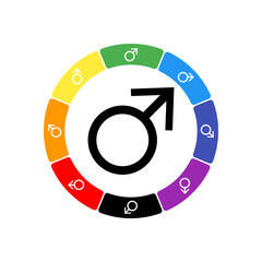 A large black mars symbol in the center, surrounded by eight white symbols on a colored background. Background of seven rainbow colors and black. Vector illustration on white background