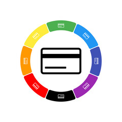 A large black credit card symbol in the center, surrounded by eight white symbols on a colored background. Background of seven rainbow colors and black. Vector illustration on white background