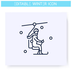 Ski elevator line icon. Man going to the top by ski elevator. Skier. Winter holidays and leisure concept. Ski resort. Sport, hobby. Isolated vector illustration. Editable stroke 