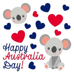 Baby koala smiling. Cute and funny. Flat cartoon style. Australian national flag. Red and blue hearts. White background. 26 of January. Template for post cards, banners, posters. Happy Australia Day