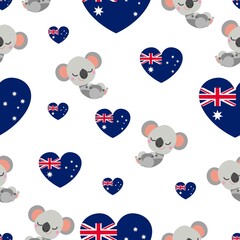 Seamless pattern. Baby koala sleeping and smiling. Cartoon style. Funny and cute. Australian flag. Red, blue hearts. White background. Post cards, textile, wrapping paper. Happy Australia Day