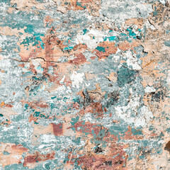 Many Colors Distressed Old Plaster Wall With Paint. Shabby Background Design. Abstract Grunge Urban Art Wallpaper. Peel Plaster Many Layers Cracked Material.