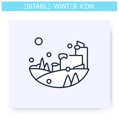 Winter landscape line icon. Snowy city. Winter walk. Falling snowflakes. Winter holidays and leisure concept. Christmas mood. Isolated vector illustration. Editable stroke 
