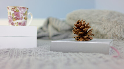Silver color book with pine cone on top. Cup of drink next to object. Cozy winter reading setup in bed with gray blanket.