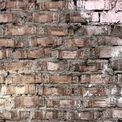 Faded Red Brick Wall Design Material Background. Pink Paint Splatter Splash On Brick Work. Messy Watercolor Wall Square.