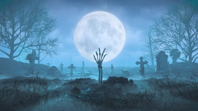 Skeleton arm crawls out of the ground at night against the background of the moon in the cemetery