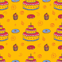 Seamless festive background. Doodle background for birthday, party. Hand-drawn background for packaging, cards, decoration.