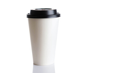 White paper cup for hot coffee with black lid isolated on white background. Takeaway blank small tea cup for your design text or banner of brand.
