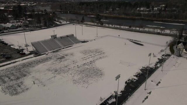 Coulter Field At Bishop's University In Lennoxville Covered With Snow During Winter Season In Sherbrooke, Quebec, Canada.  -aerial